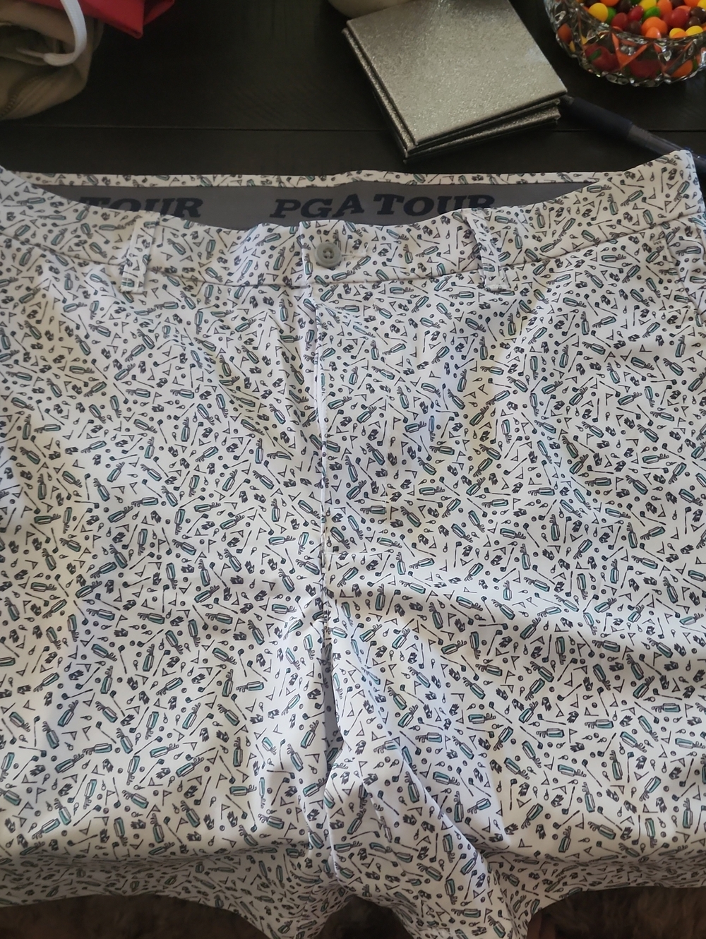 PGA Tour White Golf Print Flat Front Shorts with Navy Accents